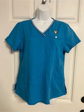 KOI Teal Blue TOKIDOKI Striped V-Neck COW Embroidered Scrub Top